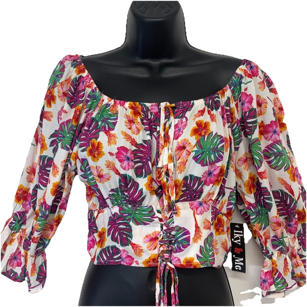 Iky & Me Babydoll Crop Lace Up Top Woman Large Floral Pull Sleeve Coquette Fairy